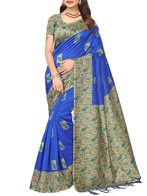 kalamkari blue mysore silk saree with blouse - 15976155 - Very Small Image - 1
