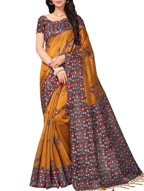 kalamkari mustard printed saree with blouse - 15976290 - Very Small Image - 1