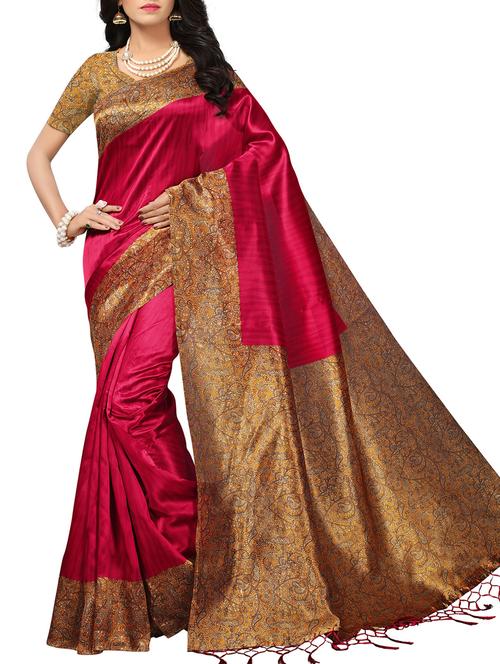 kalamkari border maroon printed saree with blouse - 15976294 - Standard Image - 1