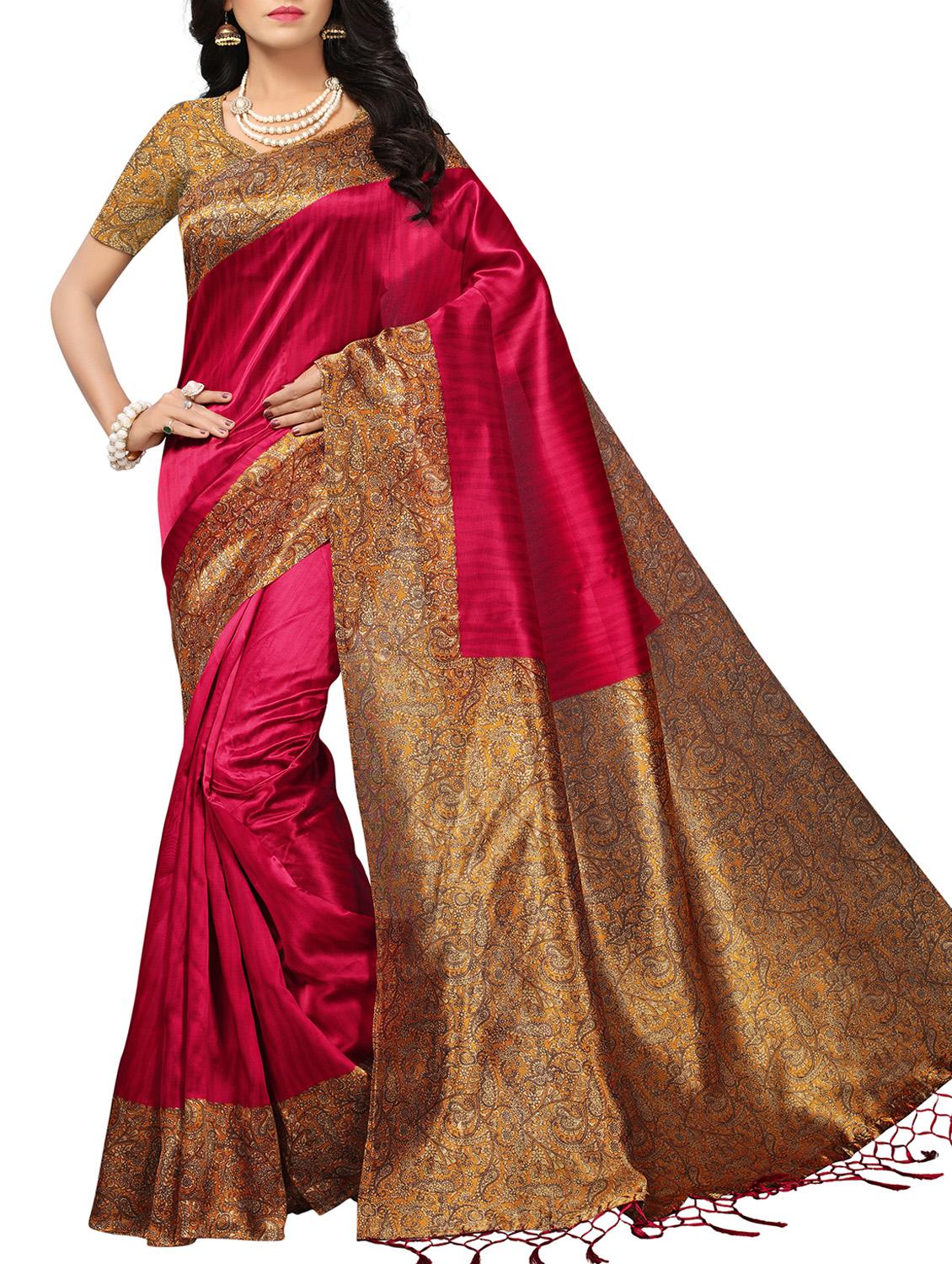 kalamkari border maroon printed saree with blouse - 15976294 - Zoom Image - 1