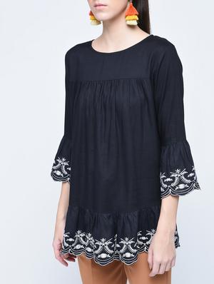 embroidered ruffled hem bell sleeved top - 15976817 - Standard Image - 2