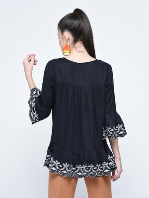 embroidered ruffled hem bell sleeved top - 15976817 - Standard Image - 4