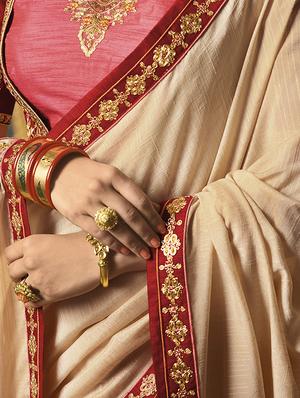 patchwork embroidered beige saree with blouse - 15977723 - Standard Image - 2