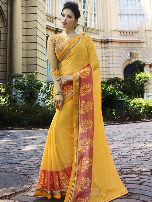 brasso yellow printed saree with blouse - 15978340 - Standard Image - 1