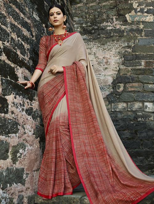 striped beige printed saree with blouse - 15978348 - Standard Image - 1