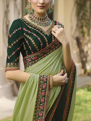 floral green embroidered half & half saree with blouse - 15978380 - Standard Image - 2