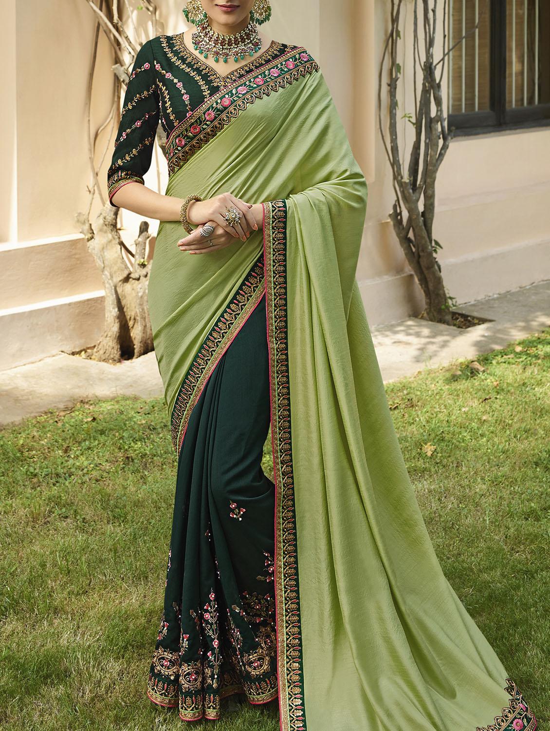 floral green embroidered half & half saree with blouse - 15978380 - Zoom Image - 1