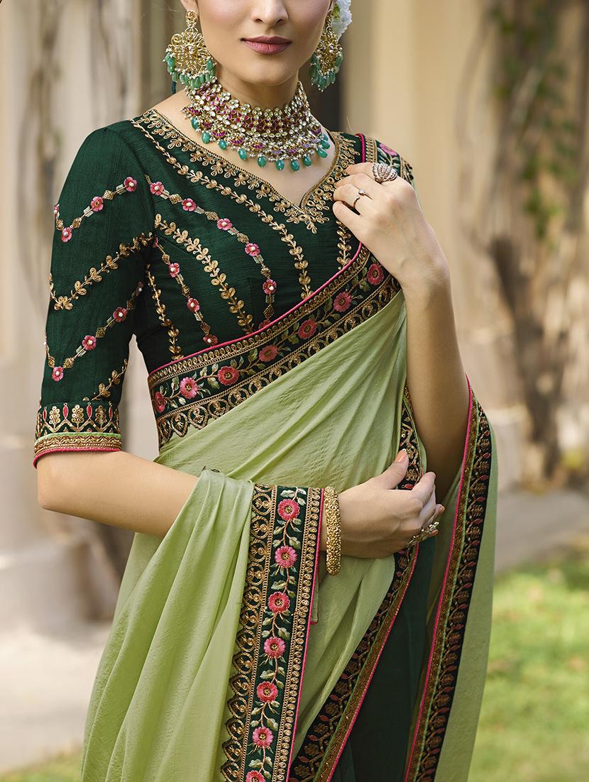 floral green embroidered half & half saree with blouse - 15978380 - Zoom Image - 2