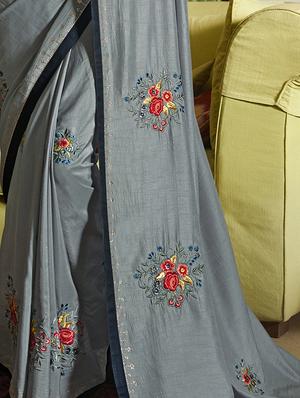 floral grey embroidered saree with blouse - 15978381 - Standard Image - 2