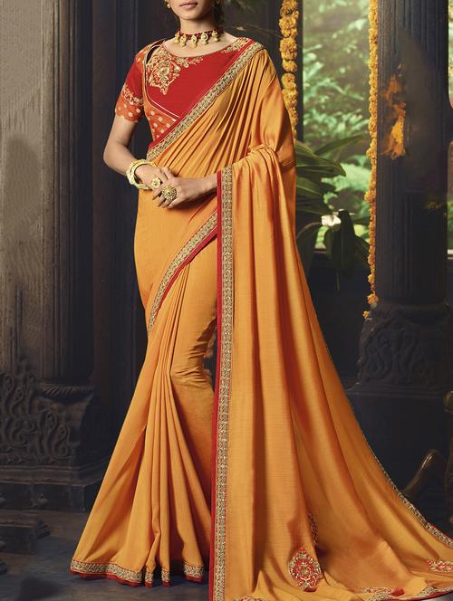 patchwork embroidered orange saree with blouse - 15978403 - Standard Image - 1