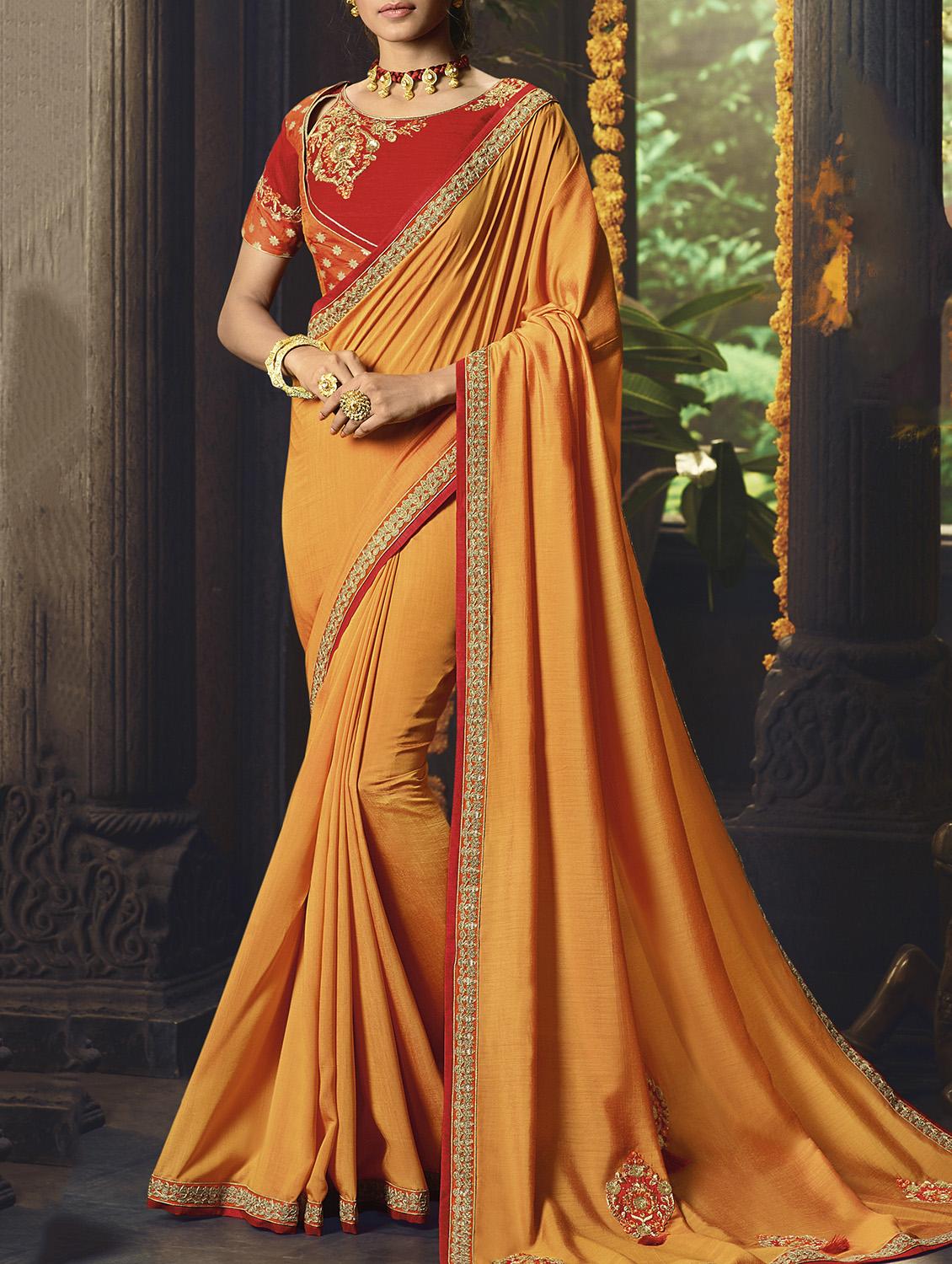 patchwork embroidered orange saree with blouse - 15978403 - Zoom Image - 1