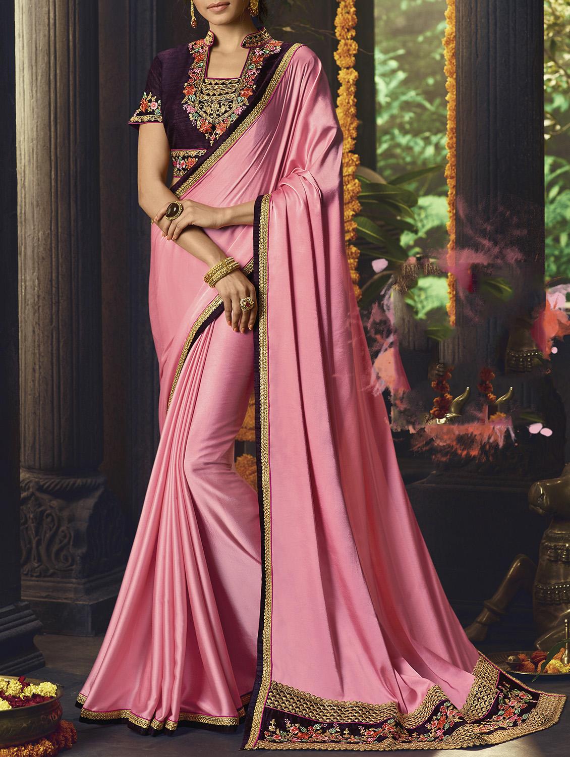 lace border pink saree with blouse - 15978406 - Zoom Image - 1