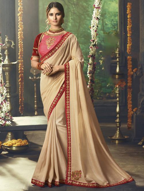 patchwork embroidered beige saree with blouse - 15978408 - Standard Image - 1