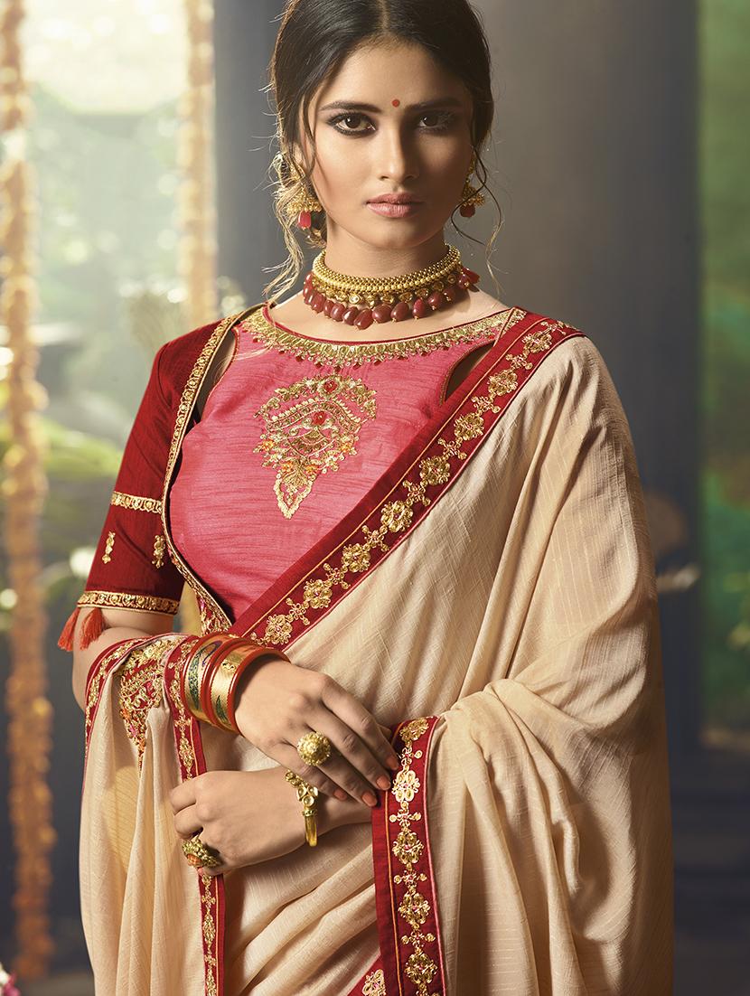 patchwork embroidered beige saree with blouse - 15978408 - Zoom Image - 2