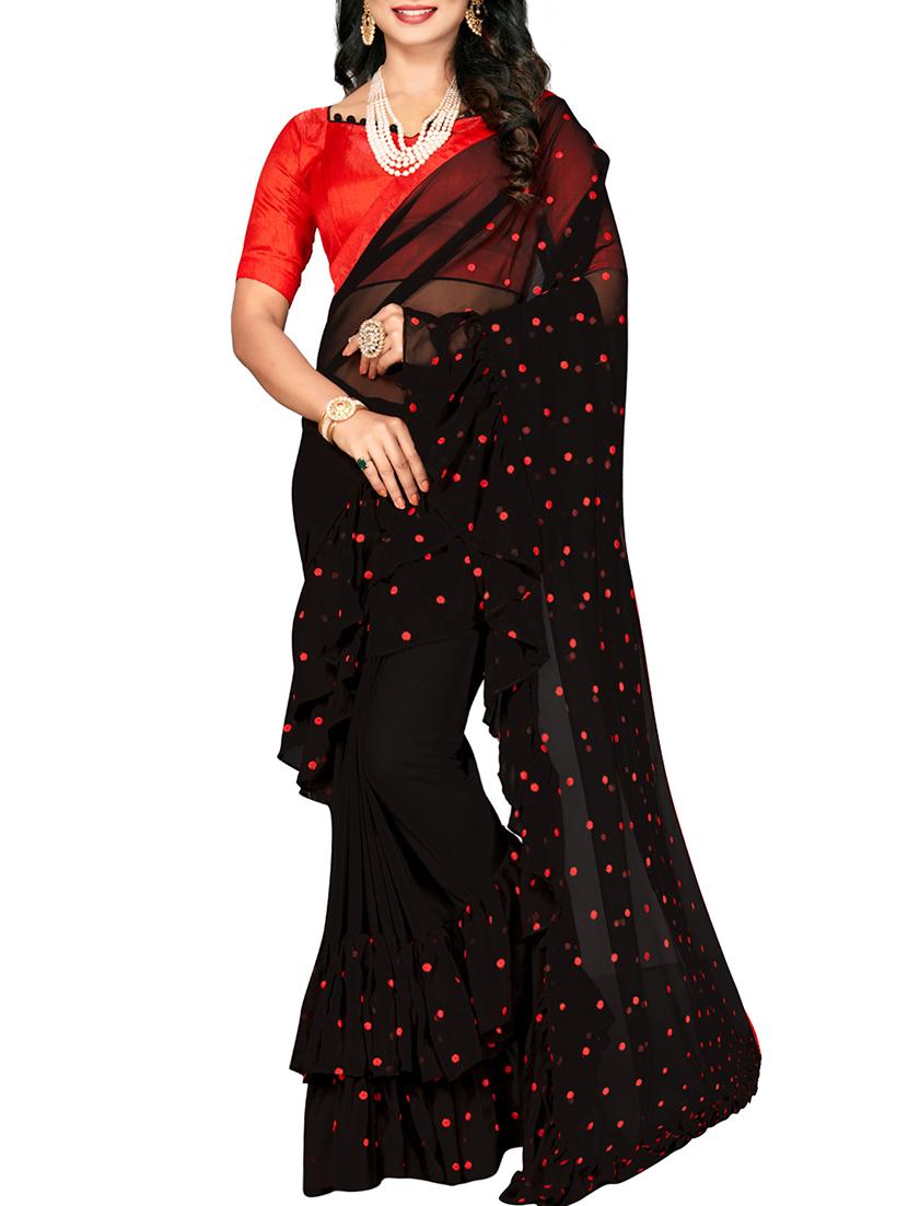 polka dots ruffle border black saree with blouse - 15978705 - Zoom Image - 1