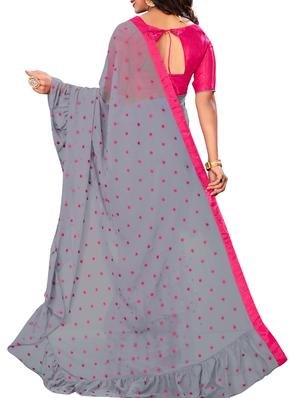 polka dots ruffle border grey saree with blouse - 15978709 - Standard Image - 2