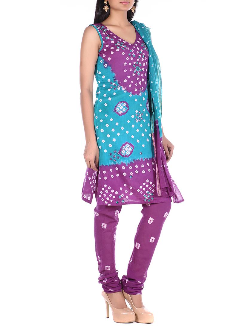 mirror work bandhani unstitched suit - 15978787 - Zoom Image - 2