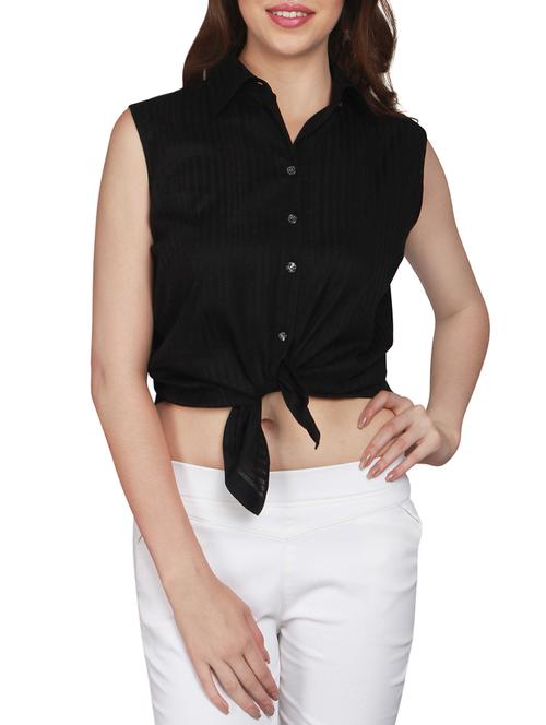 tie knot hem button up crop top - 15979225 - Standard Image - 1