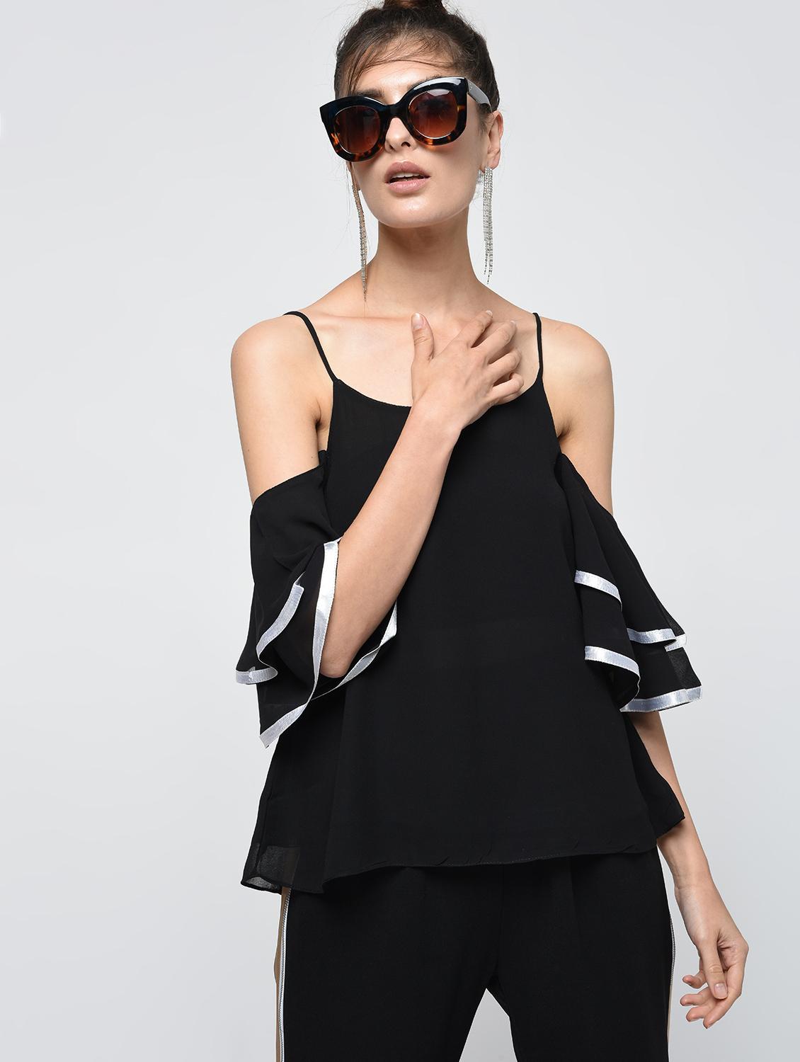 contrast lace cold shoulder top - 15979451 - Zoom Image - 2