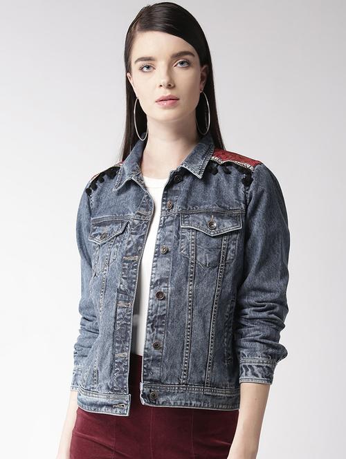 lace detail button up denim jacket - 15983353 - Standard Image - 1