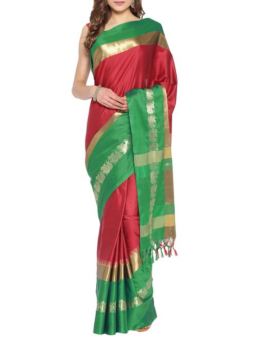 contrast zari border maroon handloom saree with blouse - 15983476 - Very Small Image - 1