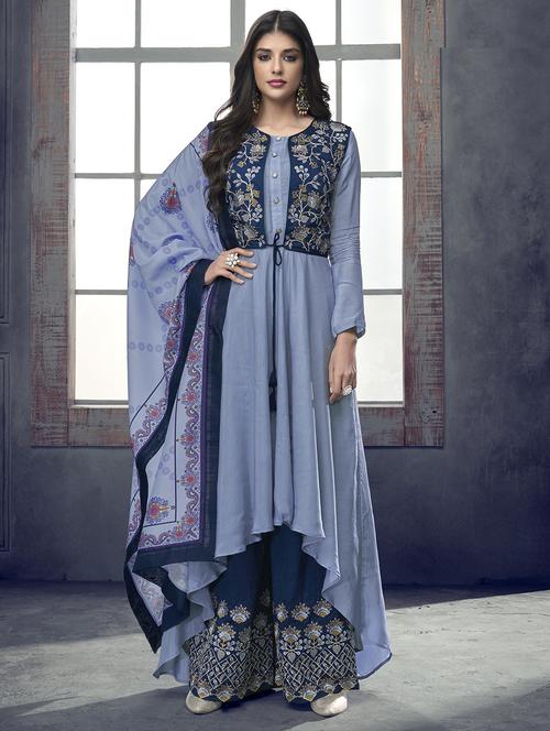 Embroidered semi-stitched asymmetric suit - 15983604 - Standard Image - 1