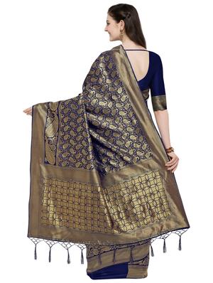 paisley zari motif blue banarasi saree with blouse - 15984935 - Standard Image - 2