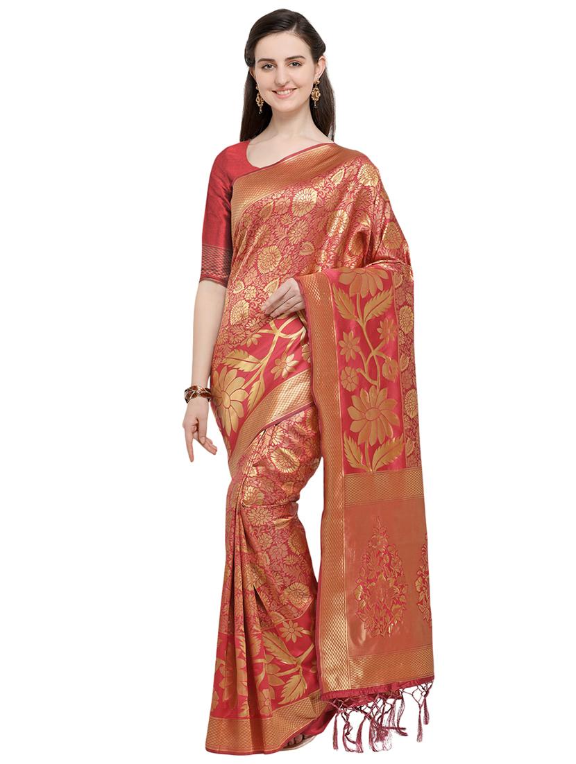 floral zari motif red banarasi saree with blouse - 15984936 - Zoom Image - 1