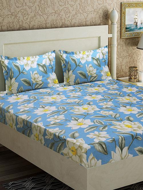 elegant floral branches blue microfiber double bed sheet with 2 pillow covers - 15988028 - Very Small Image - 1