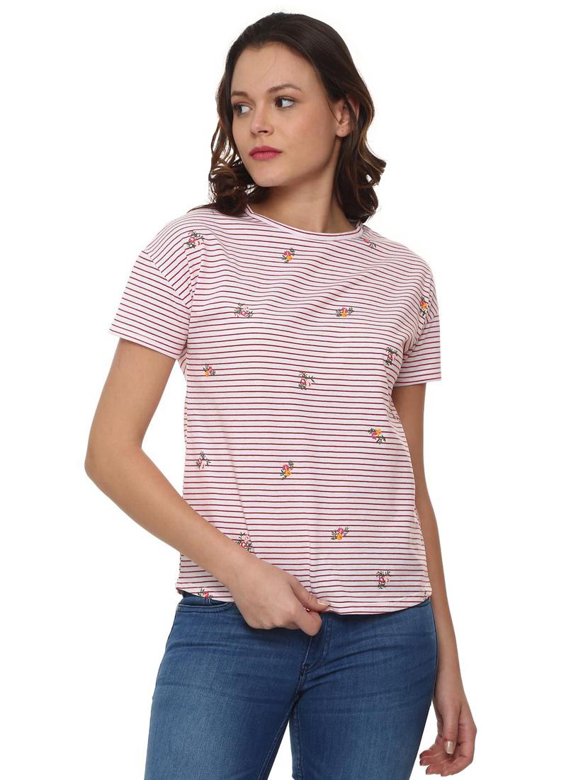 dropped shoulder striped embroidered tee - 15988158 - Zoom Image - 1