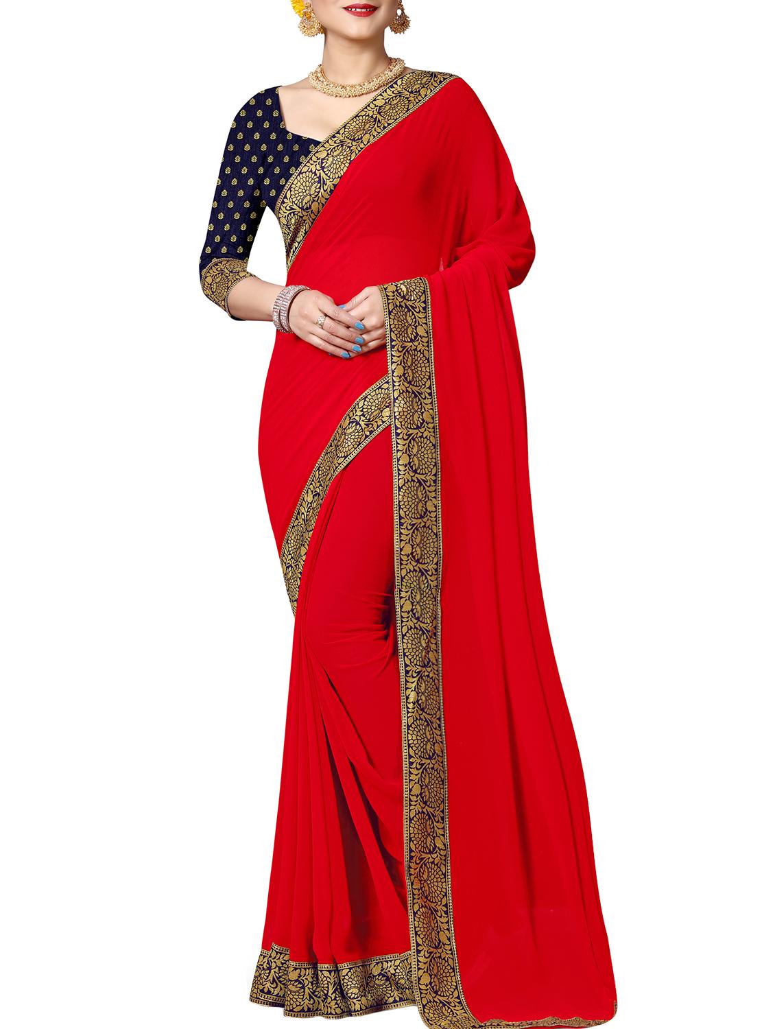 lace border red saree with blouse - 15988565 - Zoom Image - 1