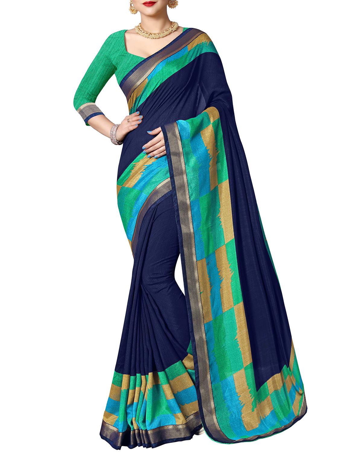 contrast border blue printed saree with blouse - 15988567 - Zoom Image - 1