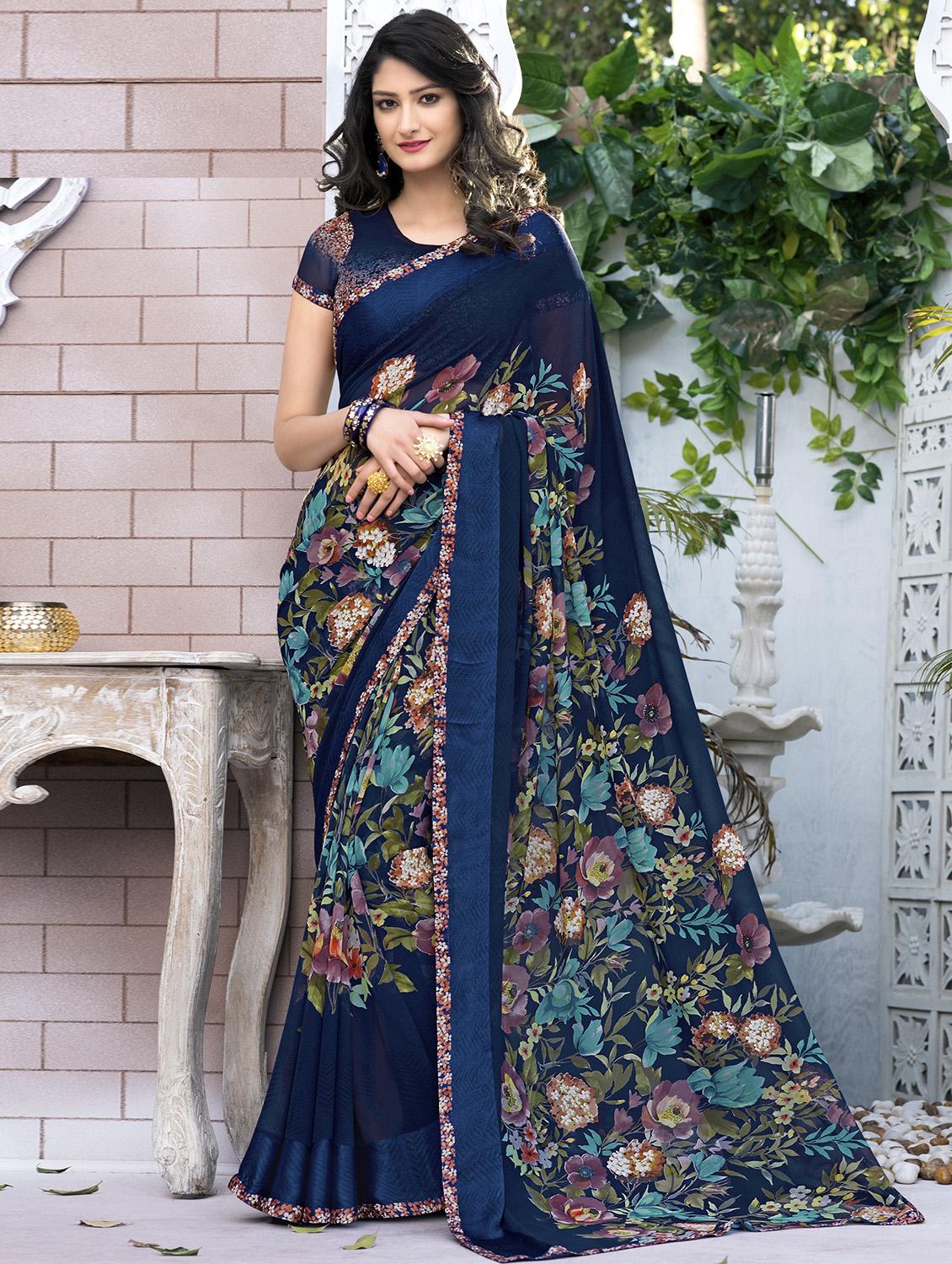 floral navy blue saree with blouse - 15990268 - Zoom Image - 1