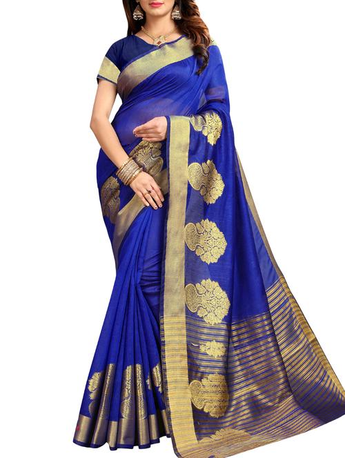 floral zari border blue woven saree with blouse - 15997136 - Very Small Image - 1