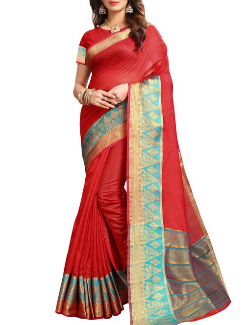 contrast zari border red woven saree with blouse - 15997139 - Standard Image - 1