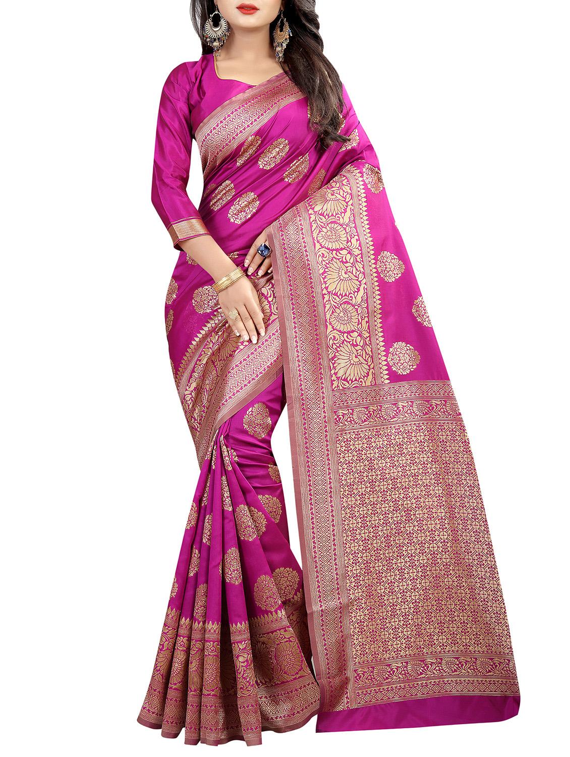 floral zari motif pink banarasi saree with blouse - 15997965 - Zoom Image - 1