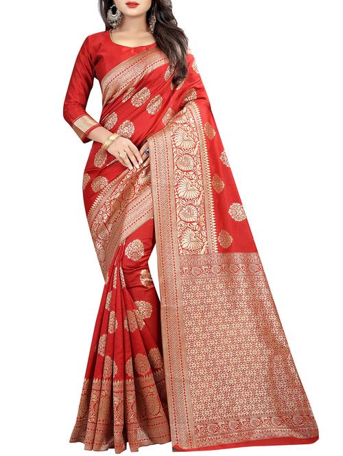 floral zari motif red banarasi saree with blouse - 15997967 - Standard Image - 1