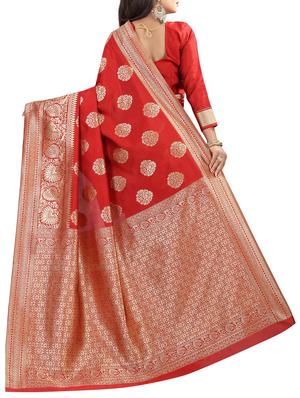 floral zari motif red banarasi saree with blouse - 15997967 - Standard Image - 2