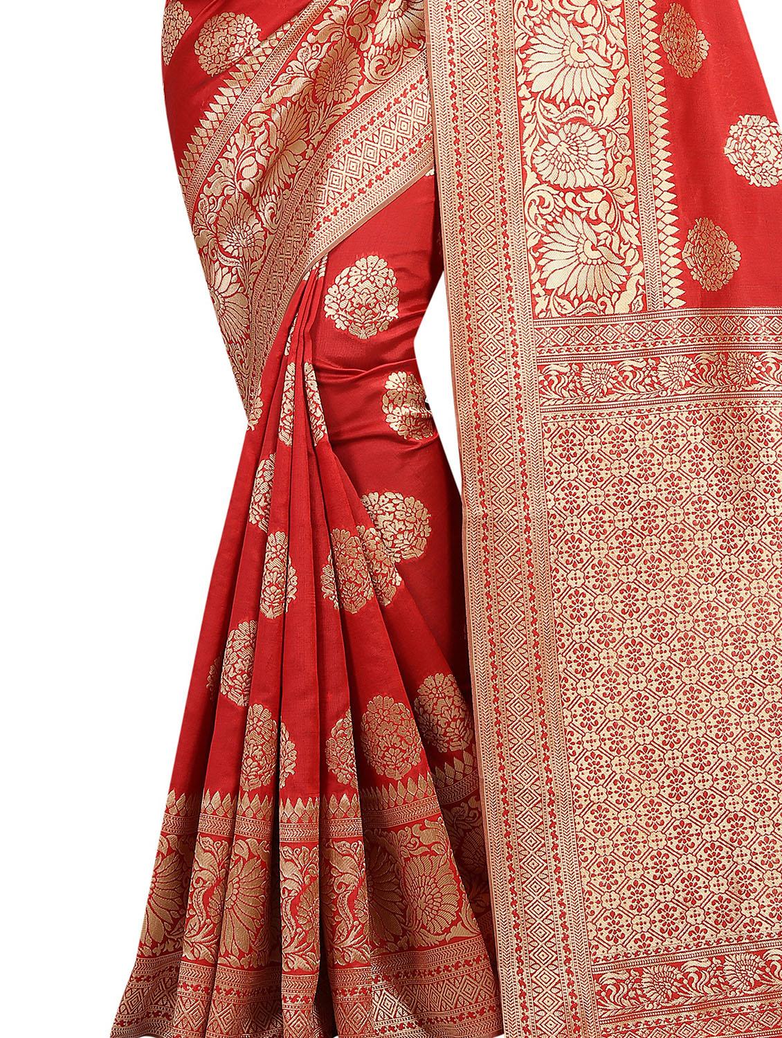 floral zari motif red banarasi saree with blouse - 15997967 - Zoom Image - 5