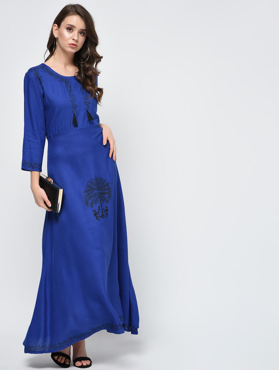 A-line block print kurta with tassels - 15998112 - Zoom Image - 1