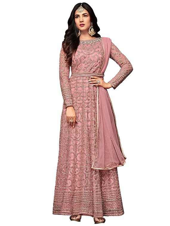 Embroidered layered semi-stitched suit - 15998551 - Zoom Image - 1