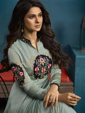 embroidered flared semi-stitched suit - 15998878 - Standard Image - 2