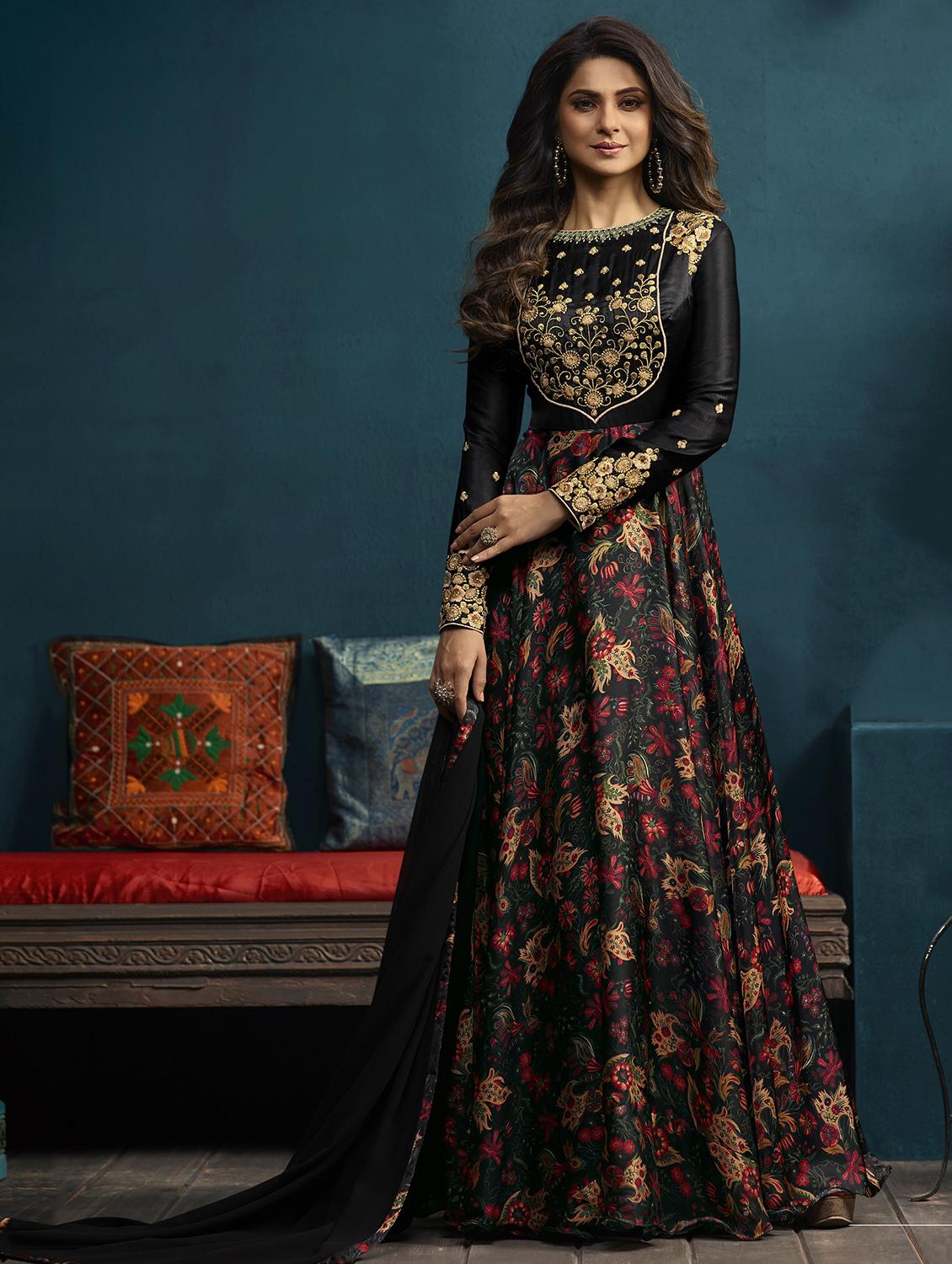 floral embroidered semi-stitched suit - 15998881 - Zoom Image - 1