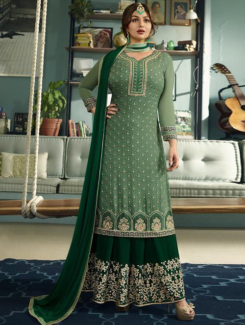 embroidered sharara semi-stitched suit - 15998921 - Standard Image - 1