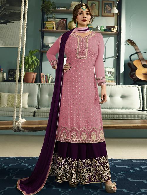 embroidered sharara semi-stitched suit - 15998923 - Standard Image - 1