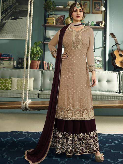 embroidered sharara semi-stitched suit - 15998924 - Standard Image - 1