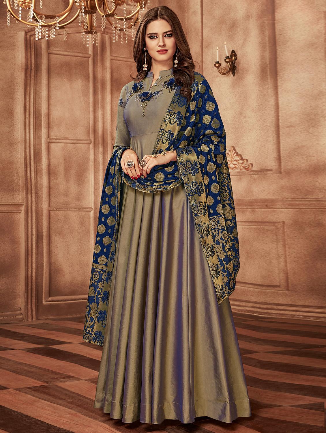 Flared embroidered semi-stitched suit - 15999539 - Zoom Image - 1