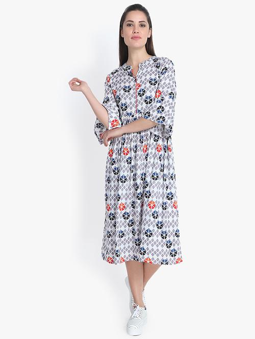 gathered waist geometric a-line dress - 16000620 - Very Small Image - 1