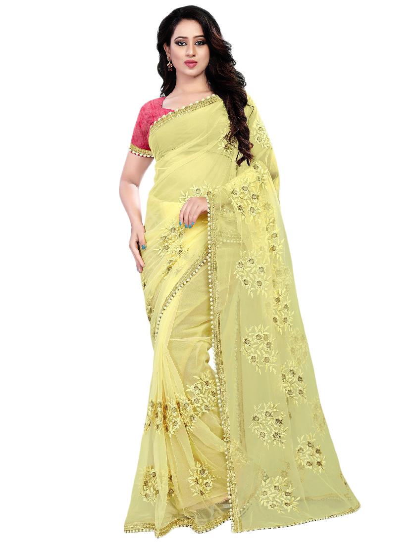 floral yellow embroidered saree with blouse - 16003838 - Zoom Image - 1