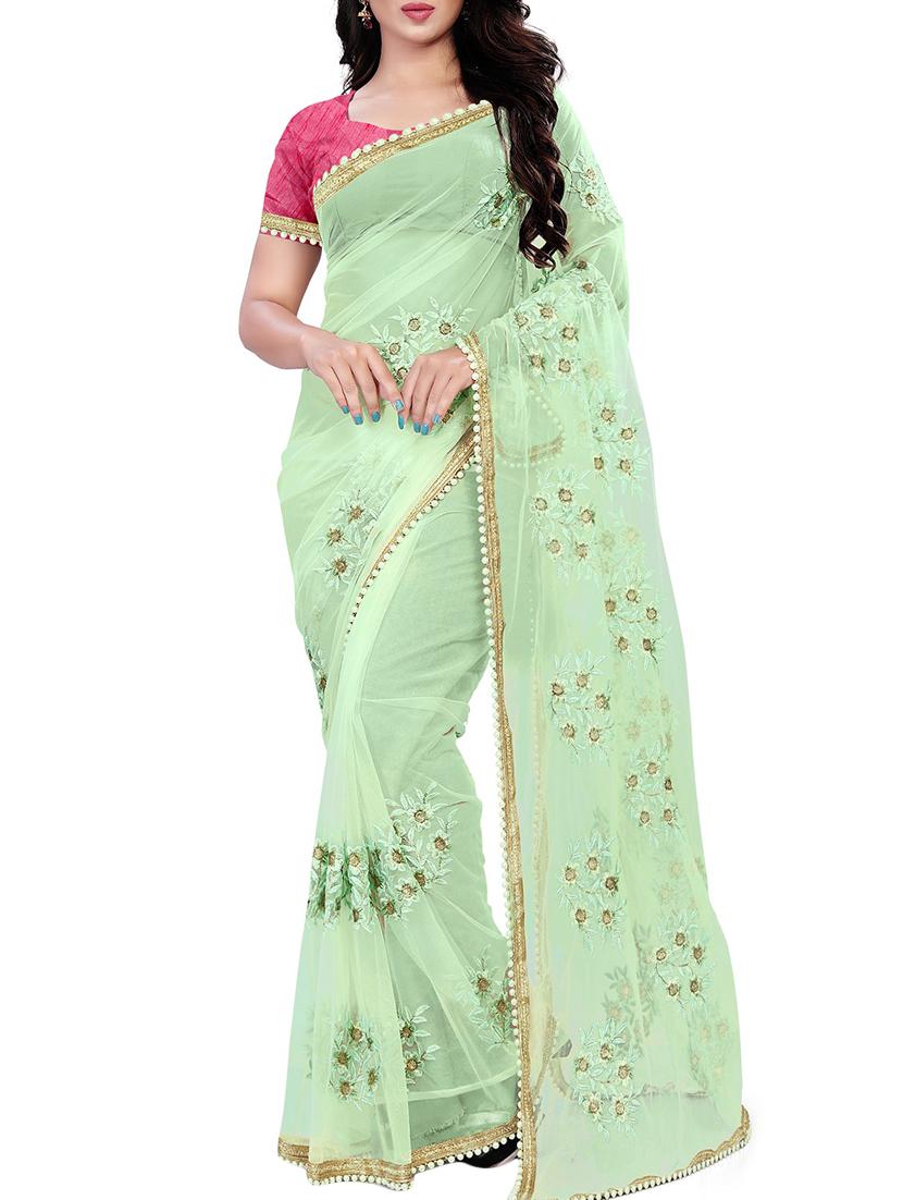 floral pista green embroidered saree with blouse - 16003863 - Zoom Image - 1